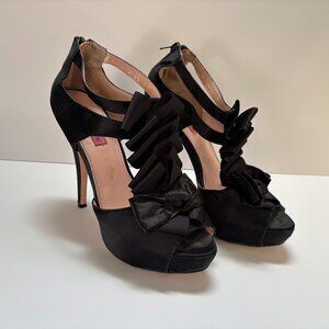Betsey Johnson Black Satin Ruffle Bow Platform Peep-toe Heels Size 8.5